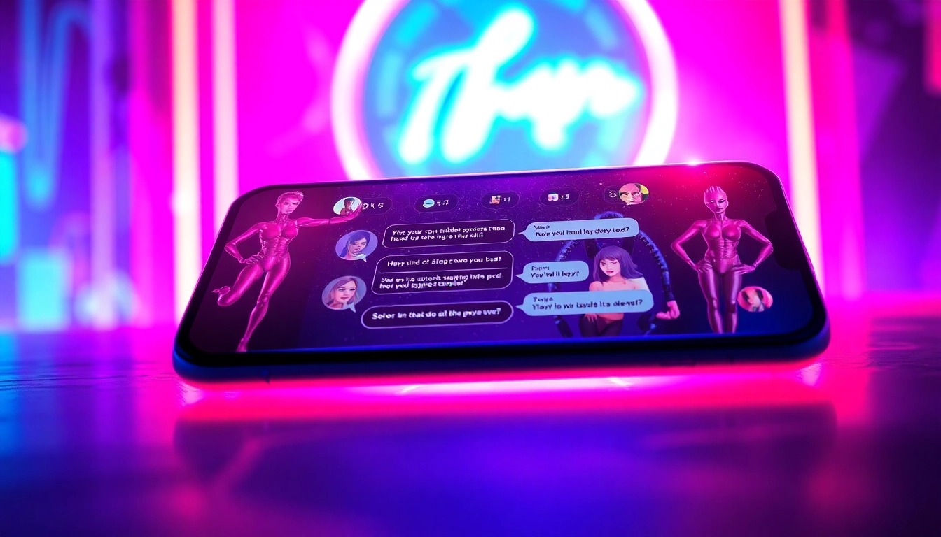 Futuristic AI chatbot interface on a neon-lit device screen with customizable characters and suggestive elements.