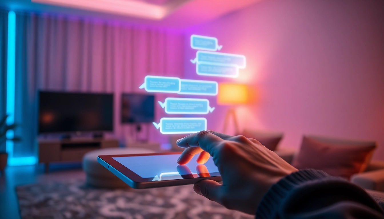 Futuristic digital chat interface with holographic text bubbles in a modern room with neon lighting