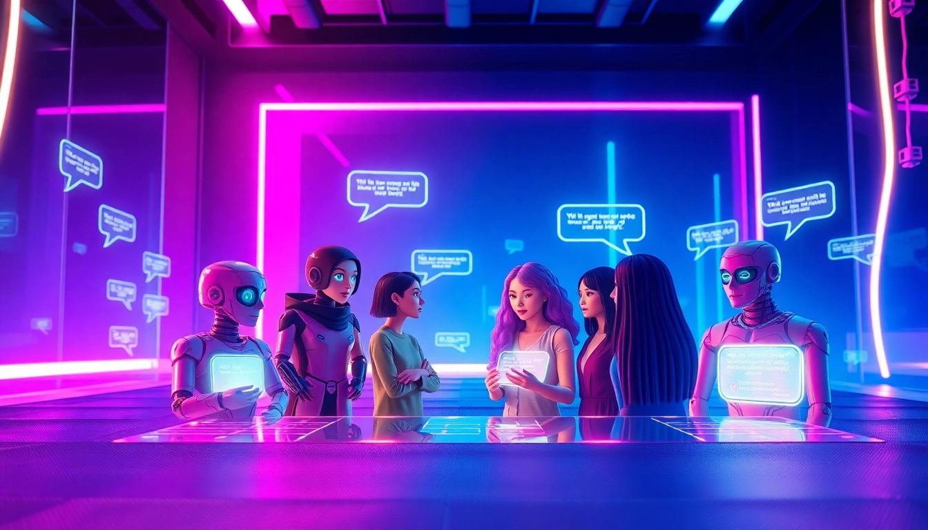 An illustration of AI chat characters in a futuristic digital environment with holograms and neon lights.