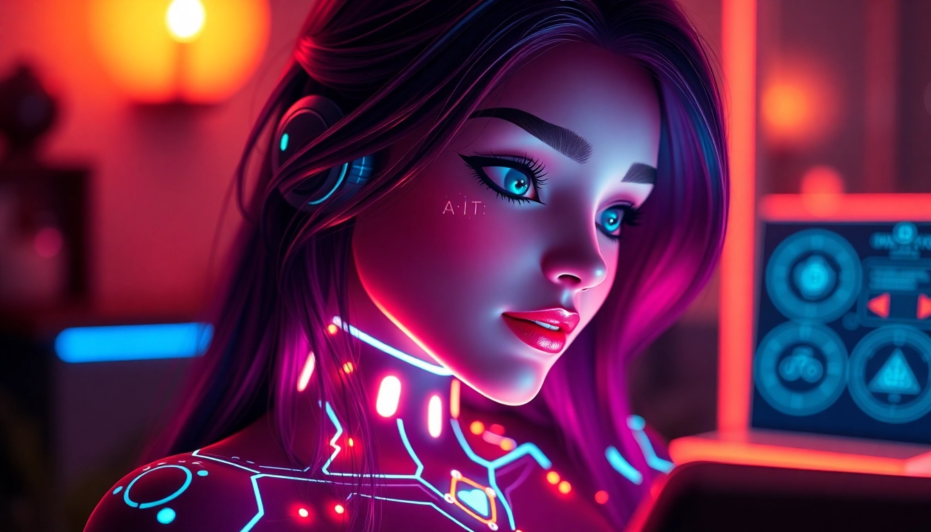 AI girlfriend using a sleek digital interface with vibrant holographic visuals, symbolizing digital intimacy and modern AI technology for screen readers.