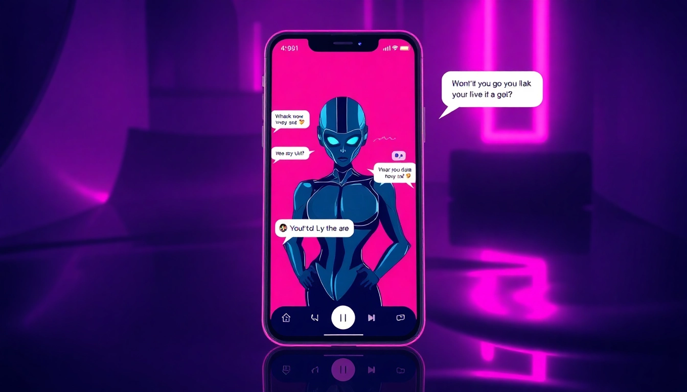 Futuristic smartphone screen displaying a seductive AI chat with neon lighting effects.