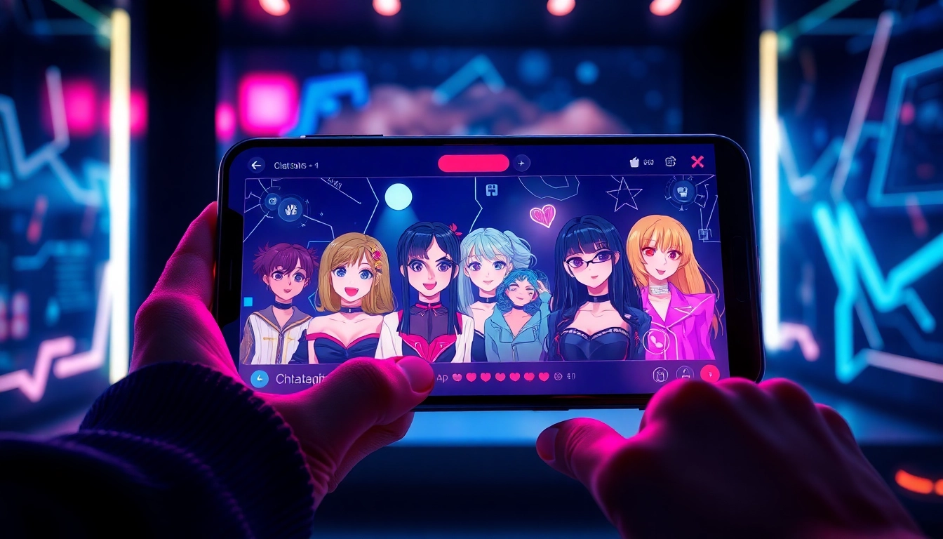 Anime-style AI chatbot interface on a futuristic device with vibrant characters and neon lighting.